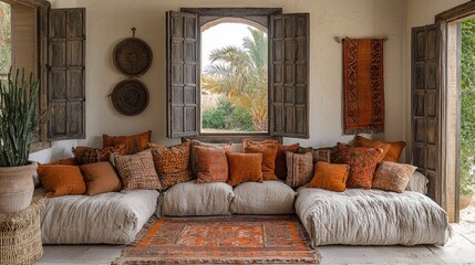 Obraz premium A bohemian living room with layered rugs, vibrant textiles, and a mix of rattan and velvet furniture