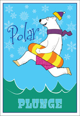 A cartoon polar bear jumps into cold water.