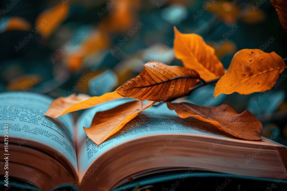 Poster open book with vibrant autumn leaves lying on its pages, creating a tranquil scene of reading and na