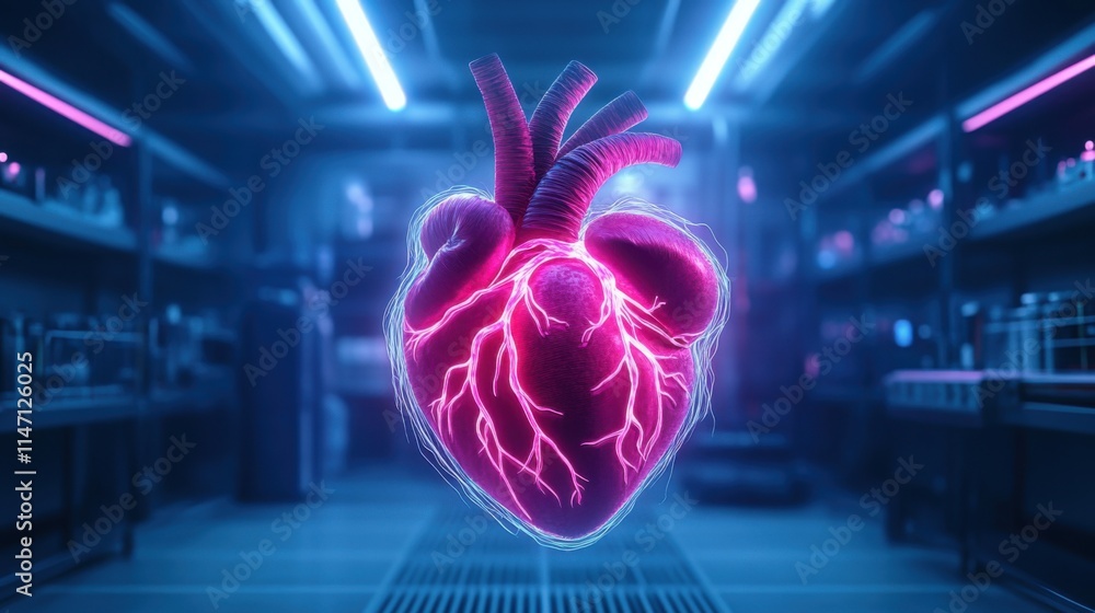 Poster futuristic neon heart rendering with glowing effects in laboratory environment