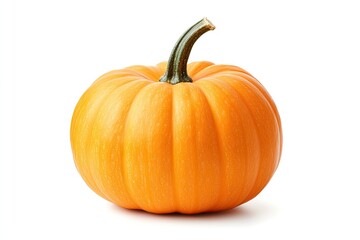 A vibrant orange pumpkin with smooth skin and a short green stem, isolated on white