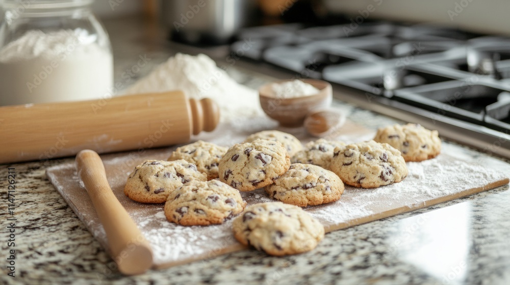 Aufkleber freshly baked chocolate chip cookies on a countertop ready for enjoying in a cozy kitchen. generativ