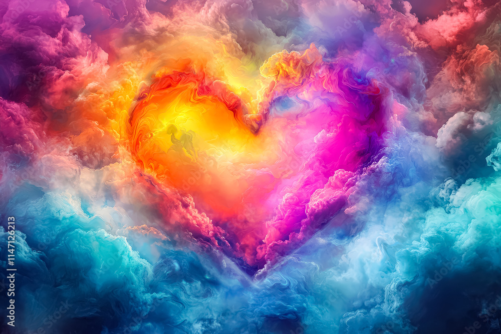 Poster heart is drawn in the clouds, surrounded by a colorful sky. the heart is red and orange, and it is g