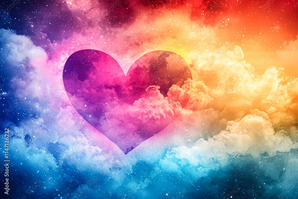 Aufkleber heart is drawn in the clouds, surrounded by a colorful sky. the heart is red and orange, and it is g