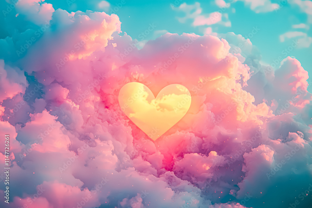 Poster heart is drawn in the clouds, surrounded by a colorful sky. the heart is red and orange, and it is g