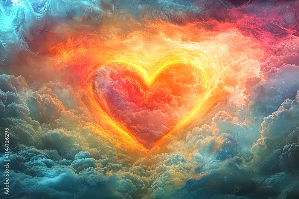 Aufkleber heart is drawn in the clouds, surrounded by a colorful sky. the heart is red and orange, and it is g
