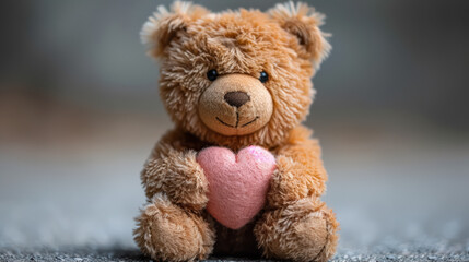 Teddy bear with a heart on its chest is sitting on a bed. The bed is covered in a blanket and a pillow. The bear appears to be resting and looking up at the camera