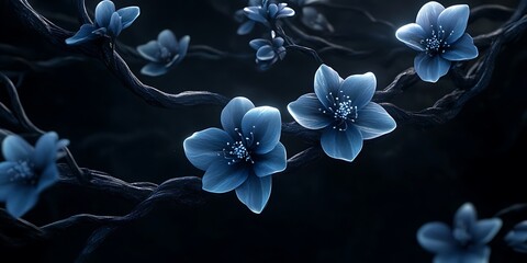 Glowing Blue Flowers on Dark Twisted Branches