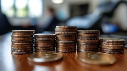 Stacks of copper coins arranged in ascending order on wooden table representing financial growth investment concept for business presentations savings and economy with blurred modern office backgroun