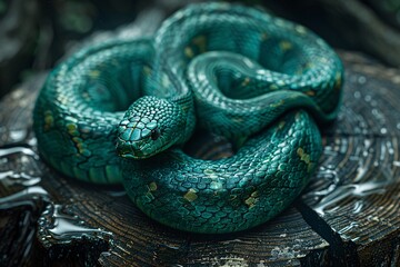 Fototapeta premium A vibrant emerald green snake rests coiled on a wooden stump in a lush rainforest. The early morning light enhances the colors of the snake and the damp wood surrounding it