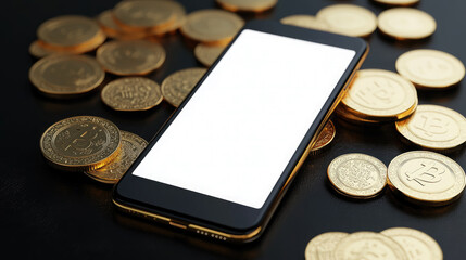 3d smartphone with white blank screen, glossy gold coins on back and around, finance, bitcoin, savings, online bank, money