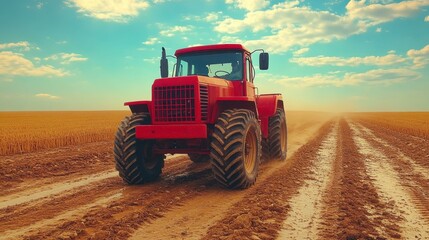 Obraz premium Red large farm tractor driving on freshly plowed field at sunset, agricultural machinery for farming work, rural landscape with blue sky and clouds, harvest preparation scene