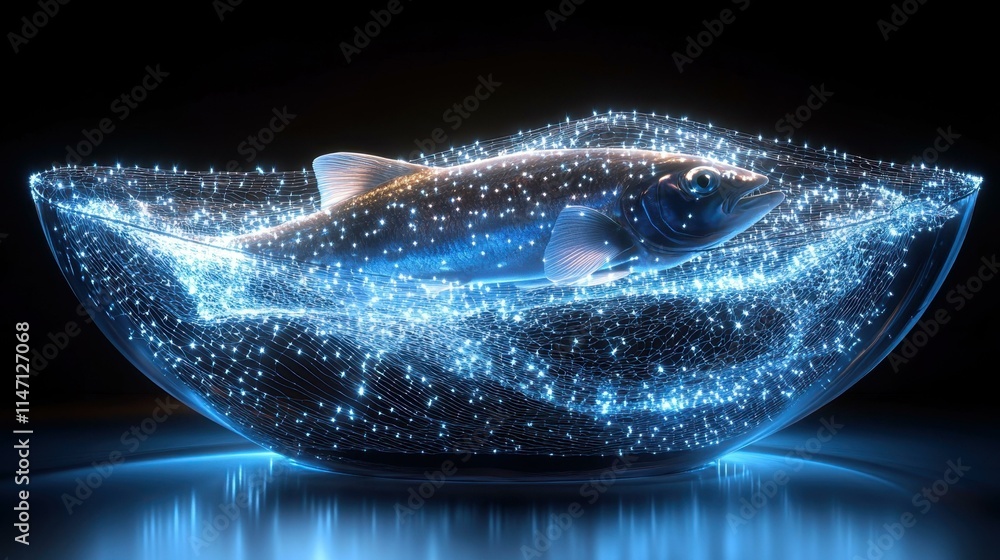 Poster fisher inside a fishbowl net net strands creating a mesmerizing pattern isolated solo on plain backg