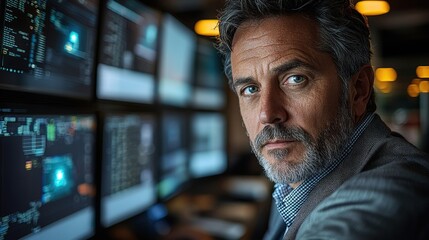 Middle-aged cybersecurity specialist monitors systems in high-tech office environment