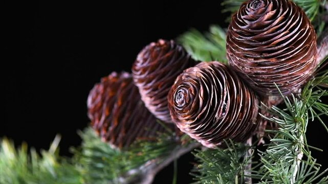Cedar tree, Deodar branch with cones isolated on black background. Beautiful border art design. Conifer. Close up Evergreen Christmas tree. 
