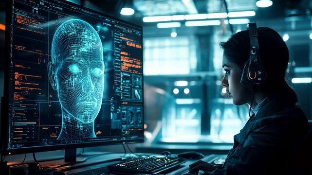 Young woman looks at human face and digital data on computer screen, person uses AI technology. Concept of facial recognition, deepfake, hud, ui, design, research. 