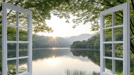 Open windows frame a stunning view of mountains and a serene lake, illuminated by the soft morning light, surrounded by vibrant trees in a tranquil environment. © Viktoriia Kan