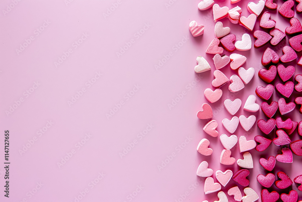Poster pink background with a row of hearts on it. the hearts are of different sizes and are scattered acro
