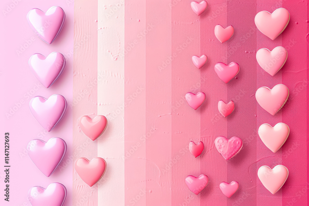 Poster row of pink hearts are arranged in a row, with some of them overlapping. concept of love and affecti