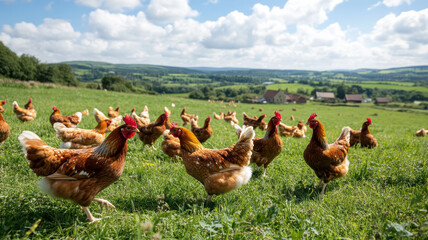 Flock of healthy free-range chickens scattered across a sunlit meadow with clear blue skies, rolling hills, and farmhouses visible in the distance. 