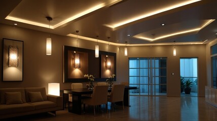 Modern living room with recessed lighting, dining area, and contemporary furniture.
