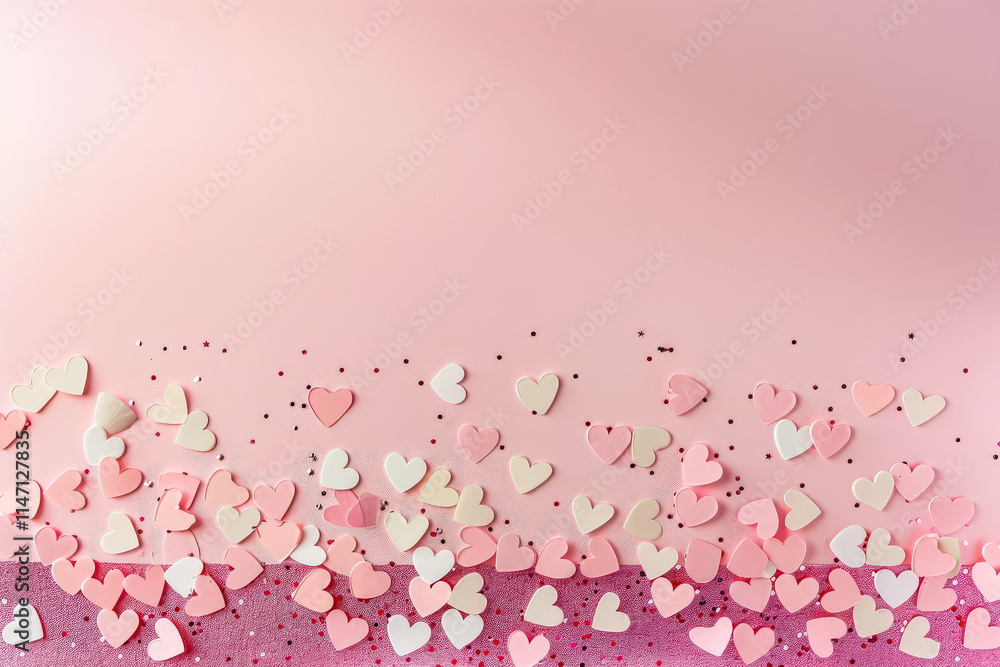 Poster pink background with a row of hearts on it. the hearts are of different sizes and are scattered acro