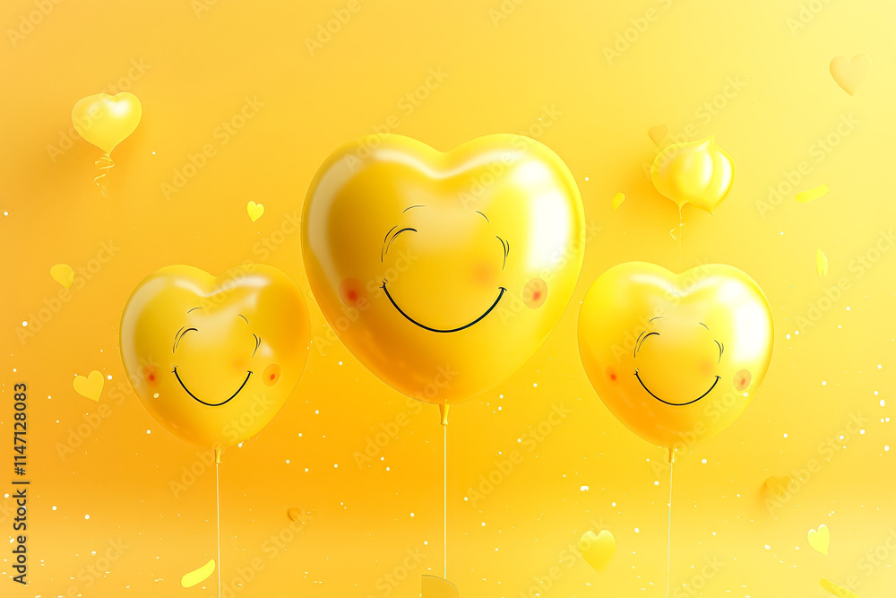 Poster bunch of yellow balloons with smiling faces are arranged in a row. the balloons are placed on a yell