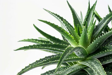 Fototapeta premium Close up of an aloe vera plant, showcasing its vibrant green leaves and spiky edges against a clean white backdrop