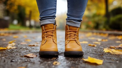 Close-up of tan leather boots with black soles walking on wet autumn leaves covered pavement, casual fashion footwear for fall season outdoor activities, urban park background with soft natural light
