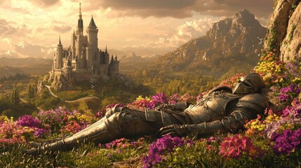 A knight rests among flowers near a distant castle.