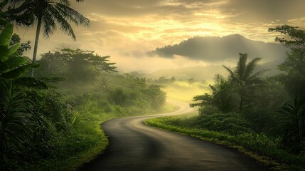 Serene winding road through lush green landscape at dawn.