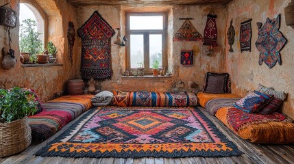 A bohemian living room with layered rugs, vibrant textiles, and a mix of rattan and velvet furniture.