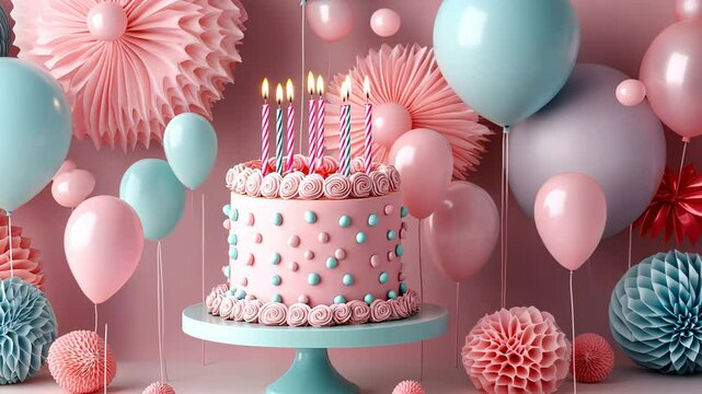 Happy Birthday Celebration with Cake and Balloons Vector Illustration