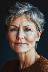 Obraz premium A close-up portrait of an elderly woman with gray hair, radiating calmness and wisdom, capturing the depth of her blue eyes and the gentle lines of age.