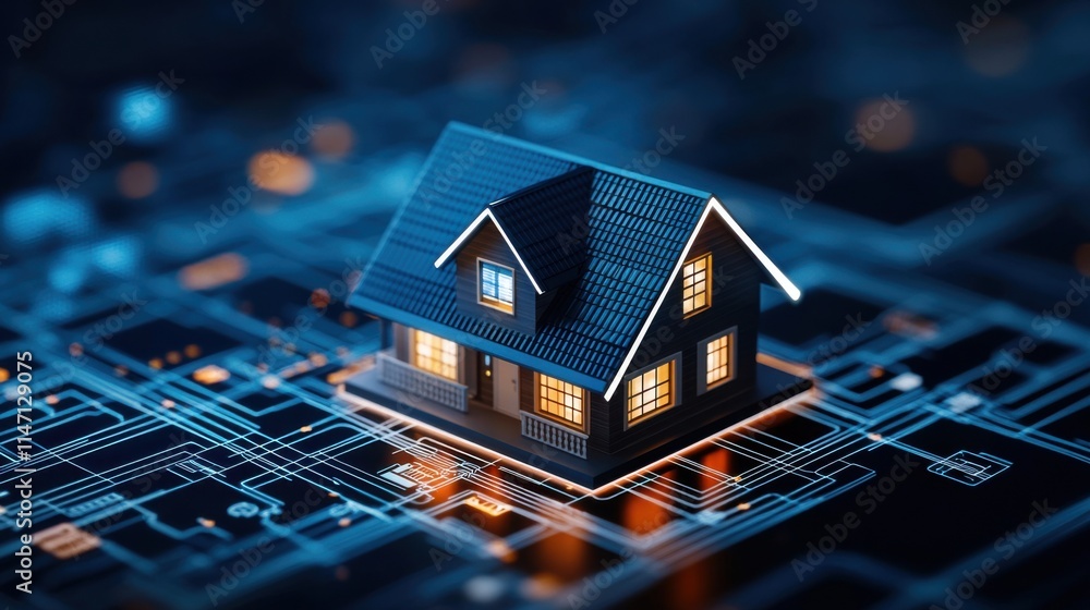 Aufkleber miniature house model illuminated with warm light on a digital circuit board background representing