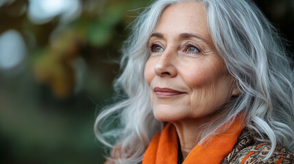 Naklejka premium An older woman with long gray hair looks thoughtful as she stands outdoors in a colorful patterned scarf, with blurred foliage in the background, feeling tranquil.