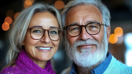 Smiling elderly couple with gray hair and glasses close together looking at camera indoors warm lighting background for family portrait love and happiness concept mature lifestyle