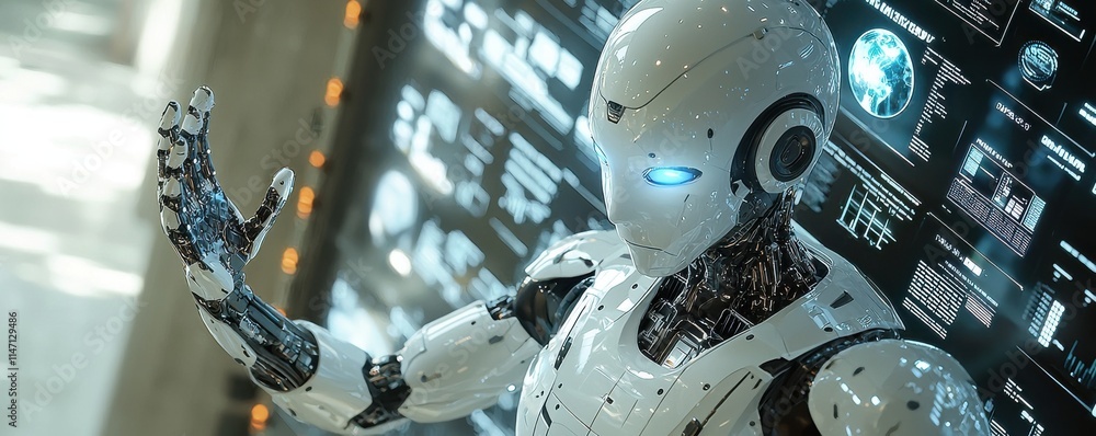 Aufkleber futuristic humanoid robot with a glowing interface in a digital environment