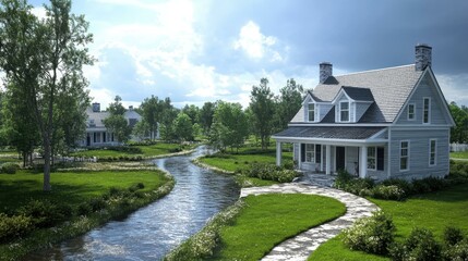Beautiful white cottage house with blue roof near calm flowing river, relaxing summer countryside landscape, perfect for real estate, vacation, or nature background with green trees and bright sky