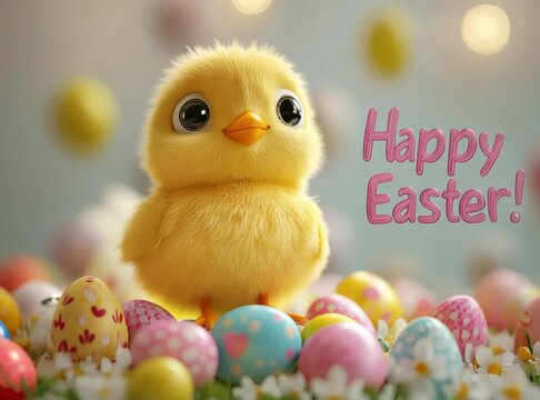 cartoon happy chick with colorful eggs on easter background with text "Happy Easter!