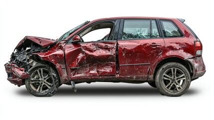A heavily damaged red SUV showing the aftermath of a car accident.