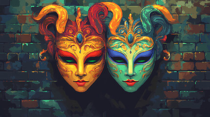 Illustration videogame style retro gaming bit vintage of venetian or brazilian carnival masks for festivities or masquerade shows. Venetian. Illustration