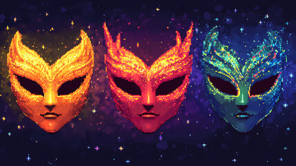 Illustration videogame style retro gaming bit vintage of venetian or brazilian carnival masks for festivities or masquerade shows. Venetian. Illustration