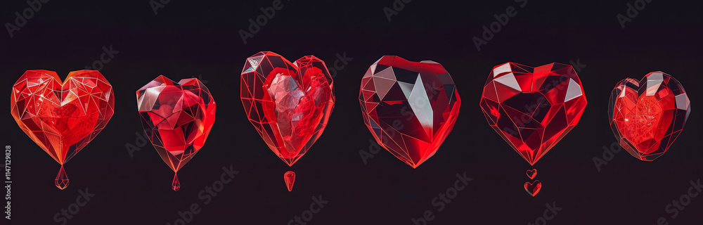 Poster row of red hearts are shown in a black background. the hearts are all different sizes and are arrang