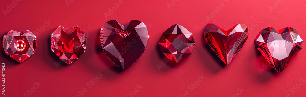 Poster row of red heart shaped gems are displayed on a red background. the gems are all different sizes and