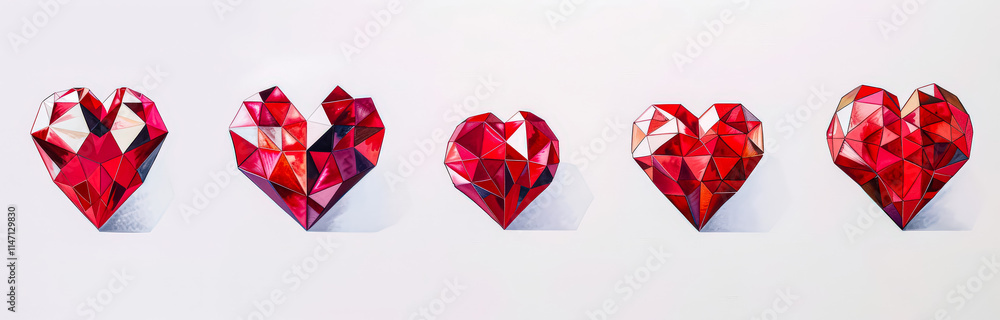 Poster row of six red heart shaped gems. the gems are all different sizes and shapes. concept of love and a