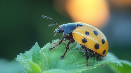 Fototapeta premium Bug bounty program nature-based Thumbnail semantic versioning heic GitOps Farminsect appwrite Intigriti Natural cycles Yellow ladybug with black spots crawling on green leaf, close-up macro nature ph