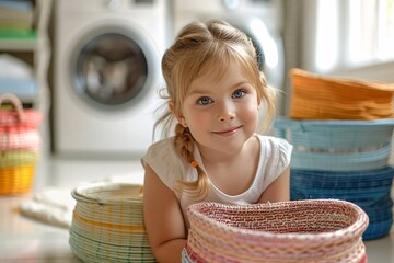 Obraz premium A cheerful young girl sits on the floor, surrounded by various colorful woven baskets in a cozy laundry area. Her bright smile showcases a joyful moment of play and creativity amidst laundry items