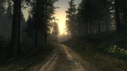 Obraz premium Serene forest path leading into a glowing sunset.