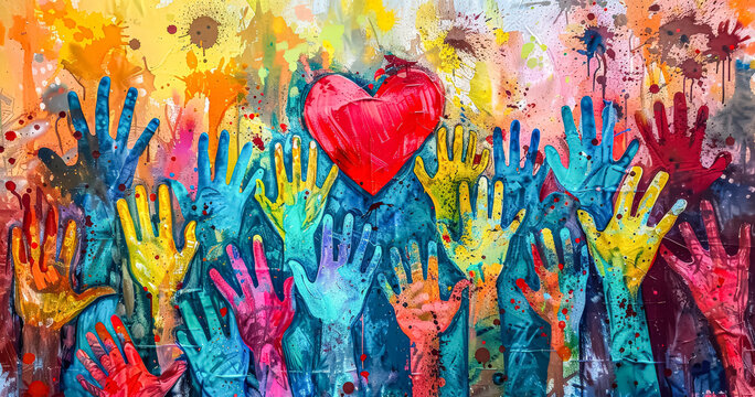 Painting of many hands with a heart in the middle. The painting is colorful and has a message of unity and love